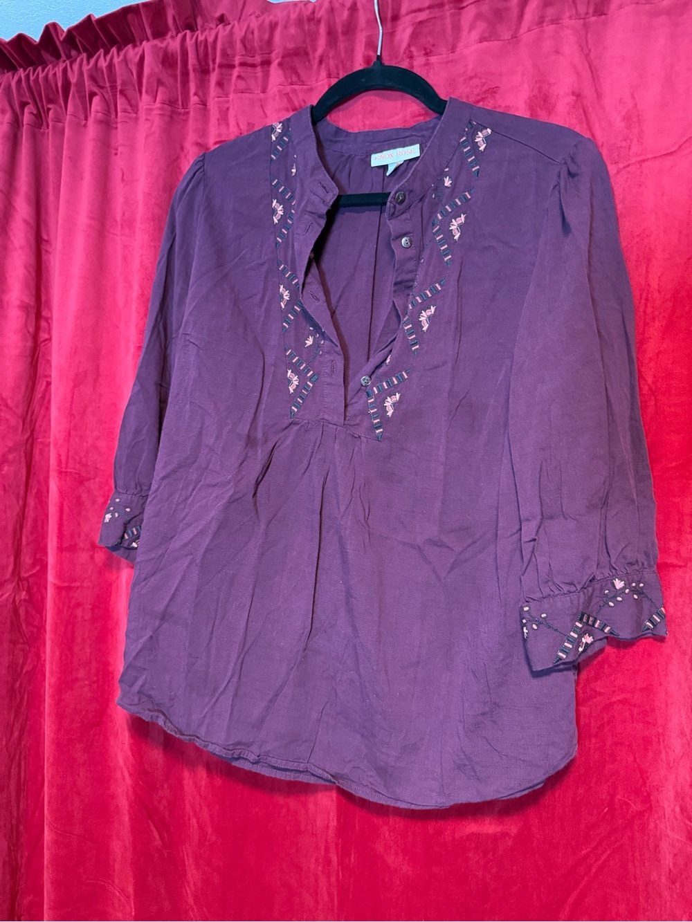 Knox Rose Plum Peasant Blouse with Embroidered Accents